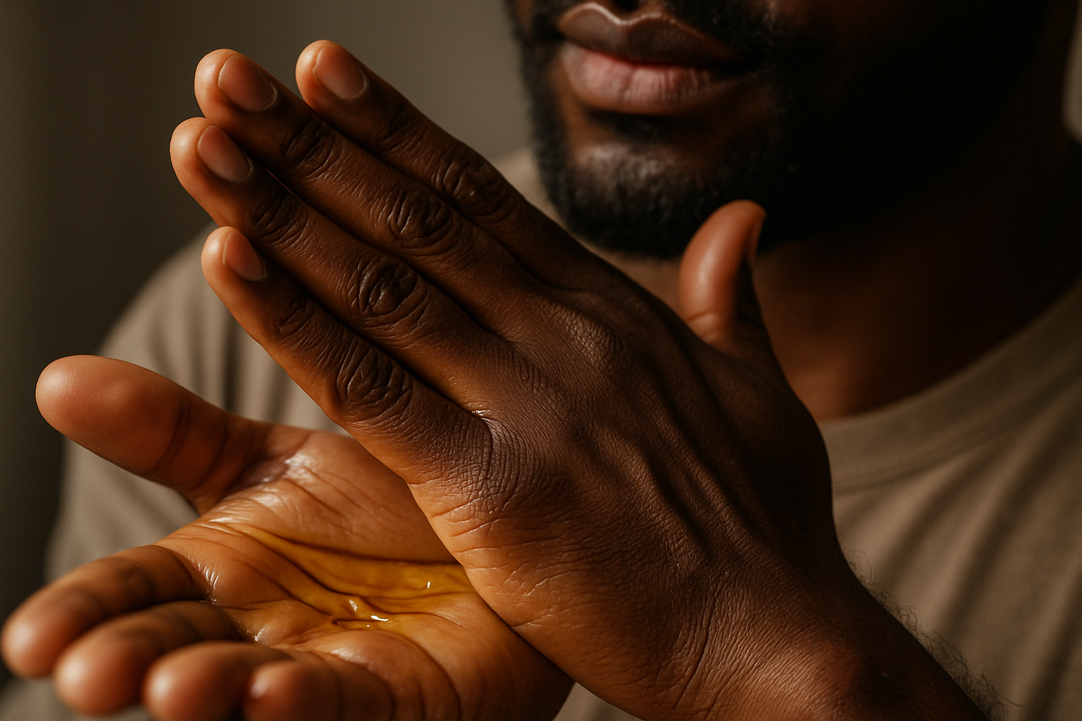 Black man warming beard oil between palms - realistic