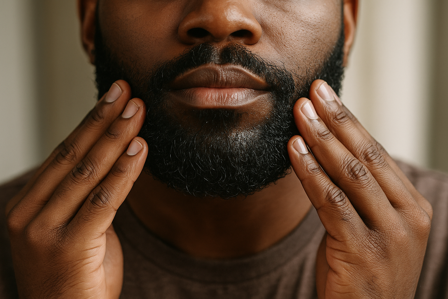 Close-up of Black man applying beard oil to beard