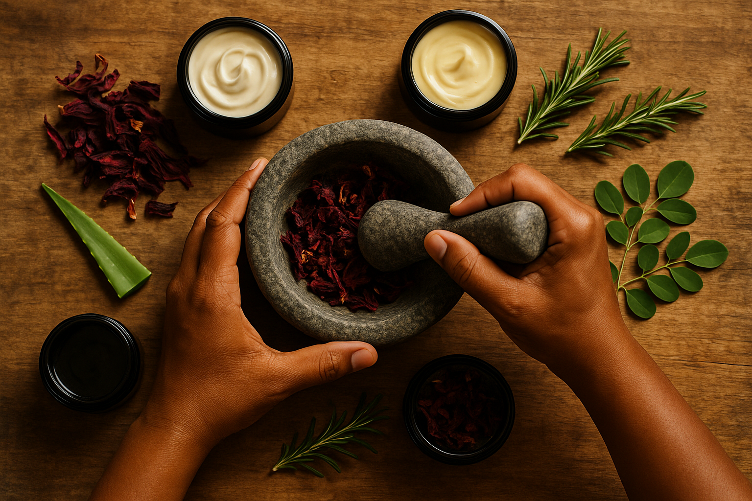 Option 2: Traditional botanical preparation with realistic hands