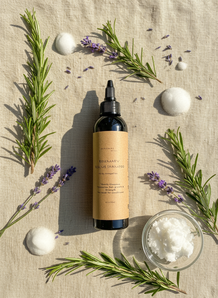 Rosemary shampoo artful flat lay